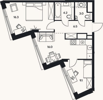 Планировка: 3-к, 55,1 м²