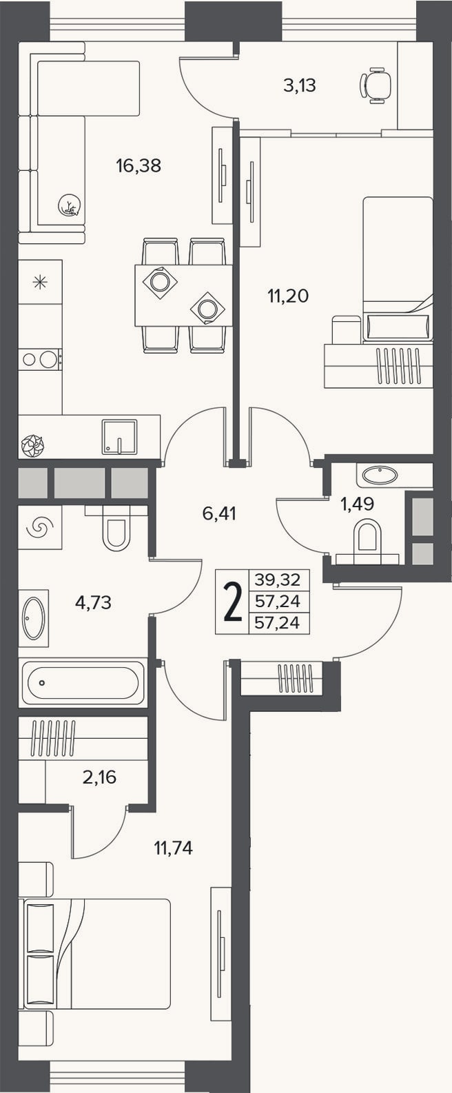 Планировка: 3-к, 57,2 м²