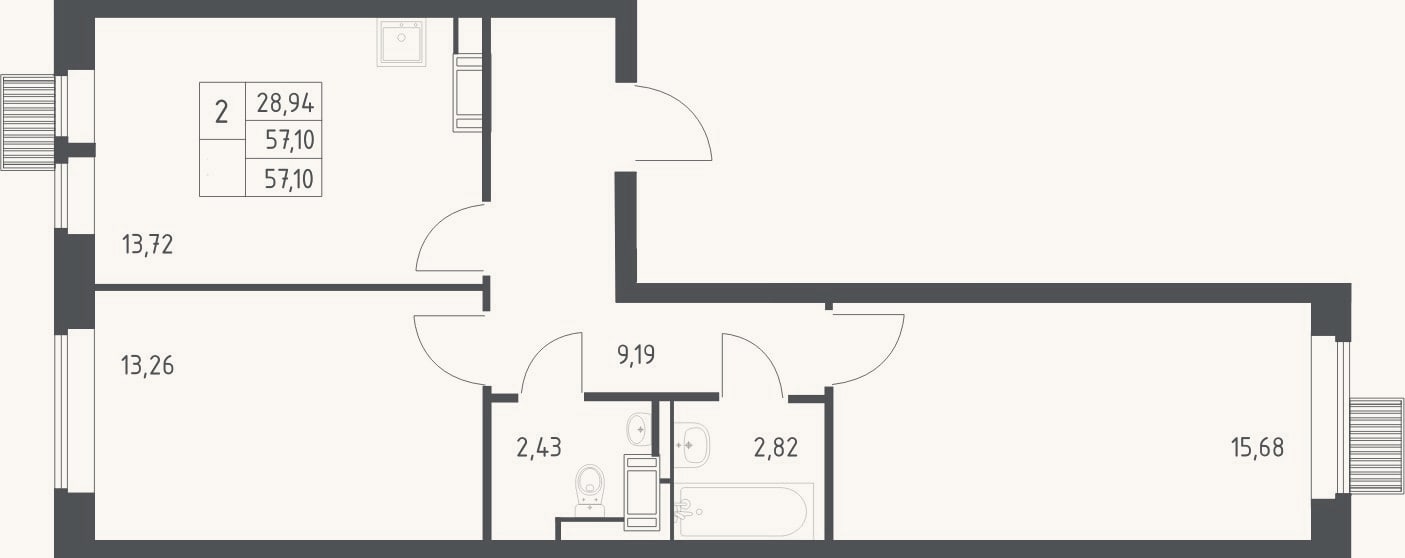 Планировка: 2-к, 57,1 м²