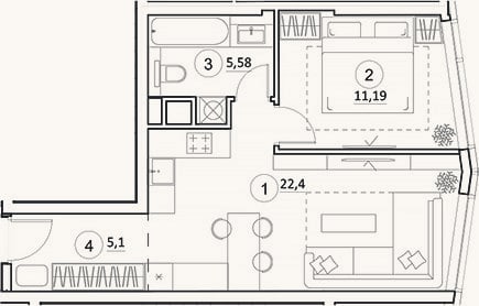 Планировка: 2-к, 44,3 м²