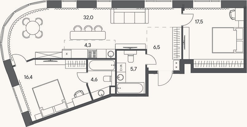 Планировка: 3-к, 87 м²