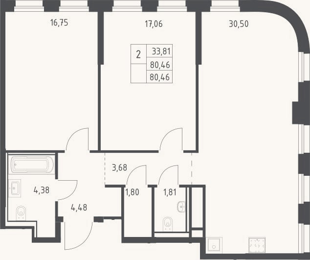 Планировка: 3-к, 80,5 м²