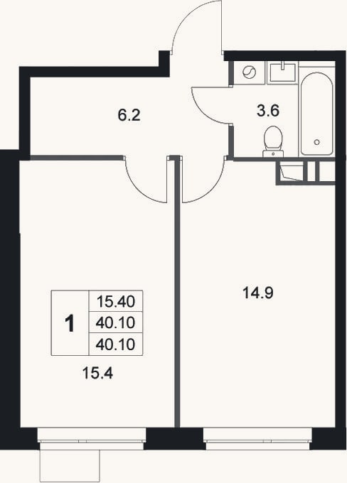 Планировка: 1-к, 40,1 м²