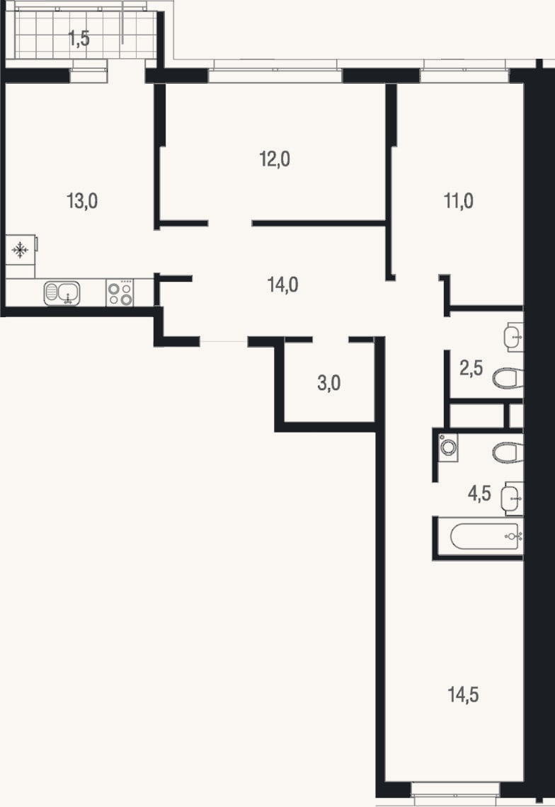 Планировка: 3-к, 74,5 м²