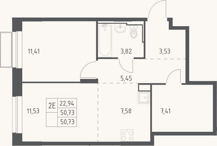 Планировка: 2-к, 50,7 м²