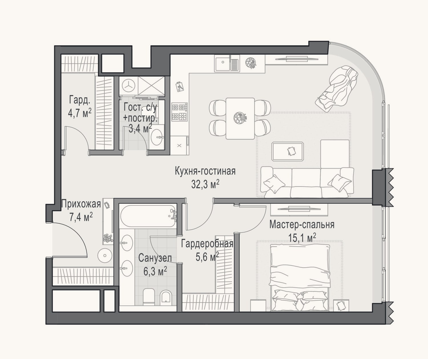 Планировка: 1-к, 75 м²