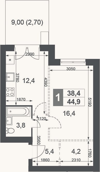Планировка: 1-к, 42,2 м²