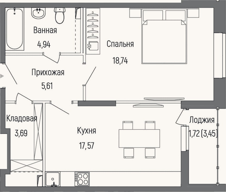 Планировка: 1-к, 50,6 м²
