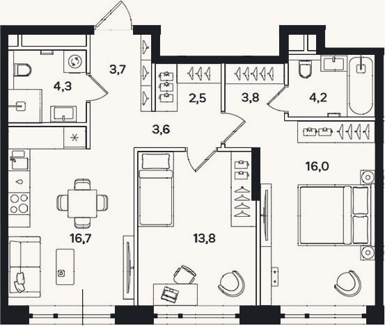 Планировка: 2-к, 68,6 м²