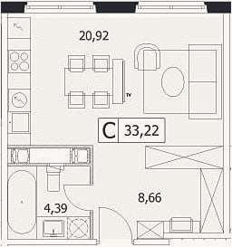 Планировка: Студия, 33,2 м²