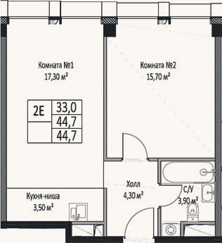 Планировка: 2-к, 44,7 м²