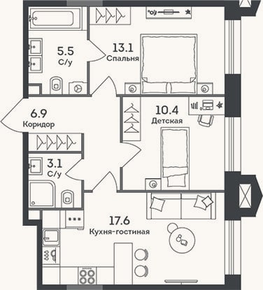 Планировка: 3-к, 56,6 м²