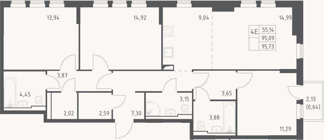 Планировка: 4+ к, 95,1 м²