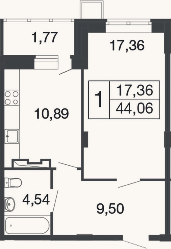 Планировка: 1-к, 42,3 м²