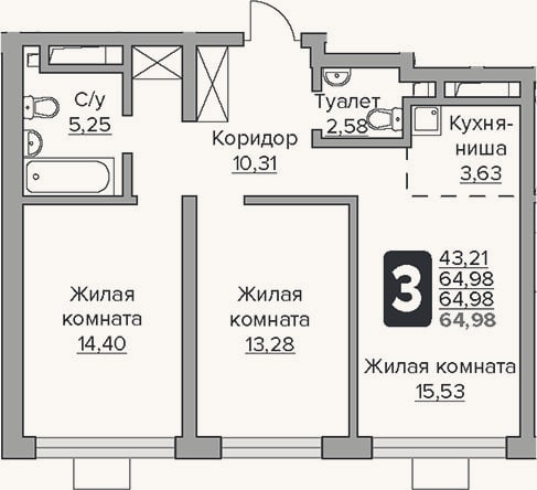 Планировка: 3-к, 65 м²