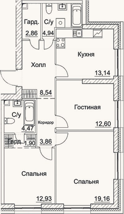 Планировка: 3-к, 84,4 м²