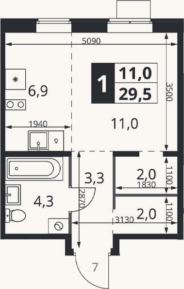 Планировка: Студия, 29,5 м²