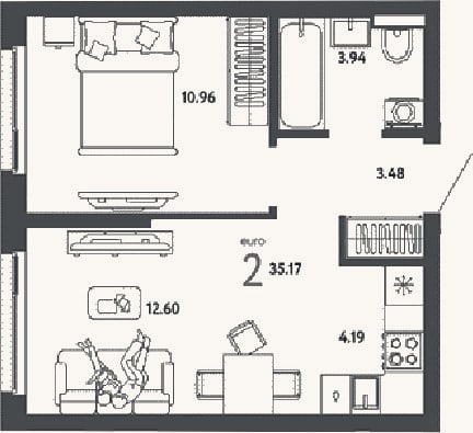 Планировка: 2-к, 35,2 м²