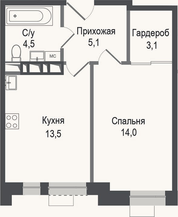 Планировка: 1-к, 40,2 м²