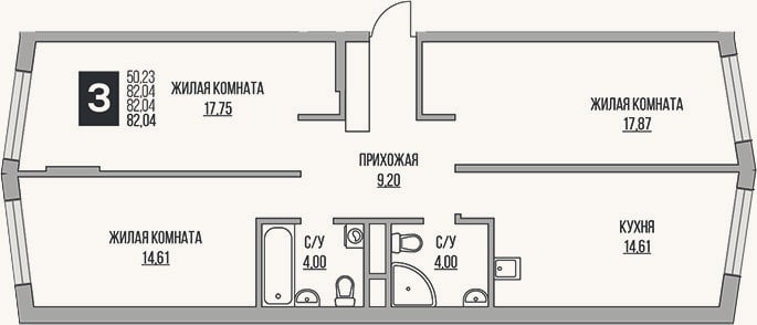 Планировка: 3-к, 82 м²