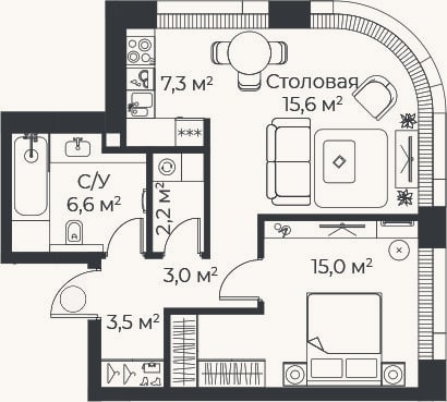 Планировка: 2-к, 53,2 м²
