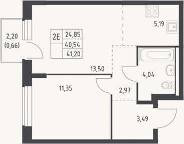 Планировка: 2-к, 40,5 м²
