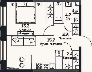 Планировка: 2-к, 40,2 м²