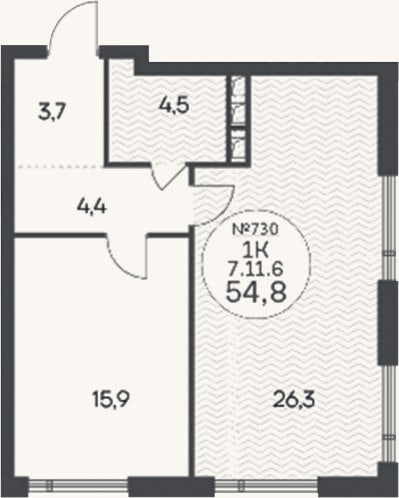 Планировка: 1-к, 54,8 м²