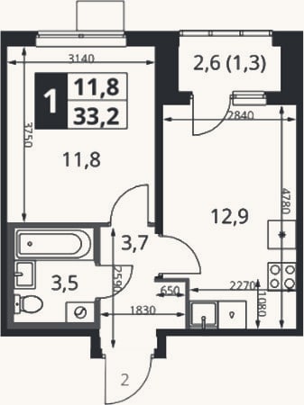 Планировка: 1-к, 32,5 м²