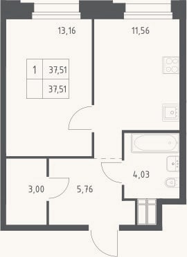 Планировка: 1-к, 37,5 м²