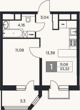 Планировка: 1-к, 31,7 м²