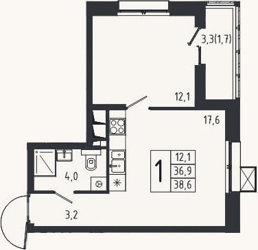 Планировка: 1-к, 36,9 м²