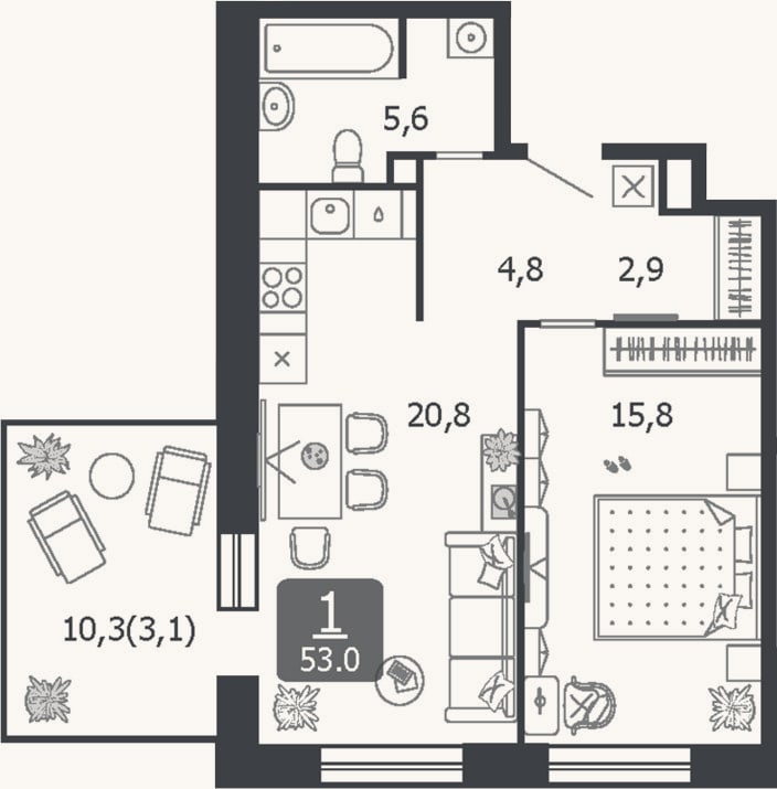 Планировка: 2-к, 49,9 м²