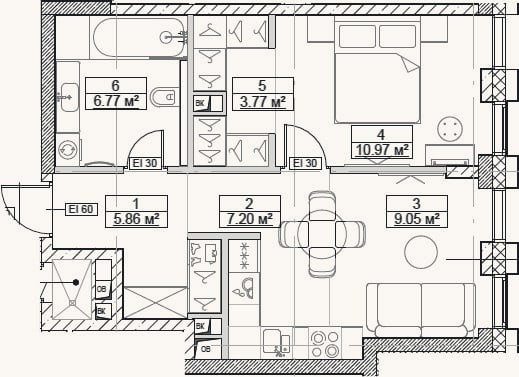 Планировка: 2-к, 43,6 м²