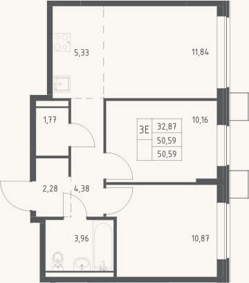Планировка: 3-к, 50,6 м²
