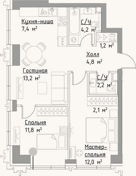 Планировка: 3-к, 58,9 м²
