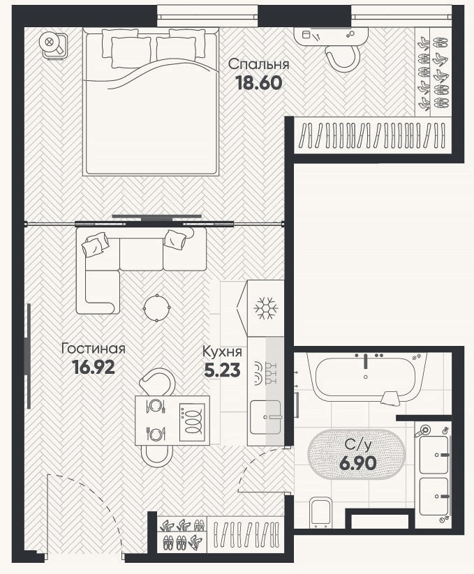 Планировка: 2-к, 46,6 м²