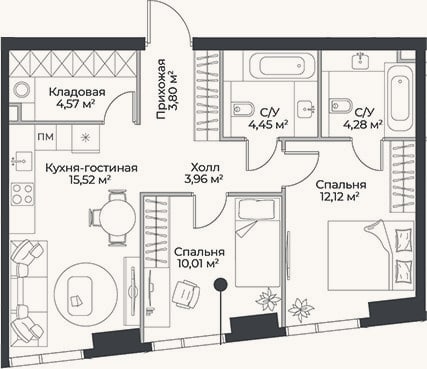 Планировка: 3-к, 58,7 м²