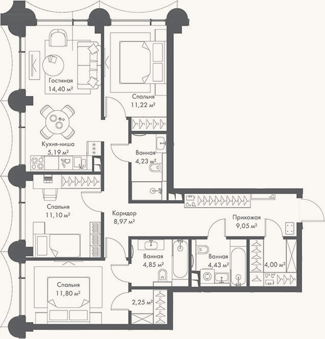 Планировка: 4+ к, 91,5 м²