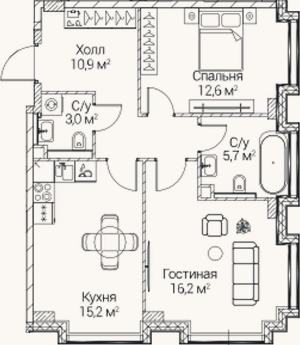 Планировка: 2-к, 63,4 м²
