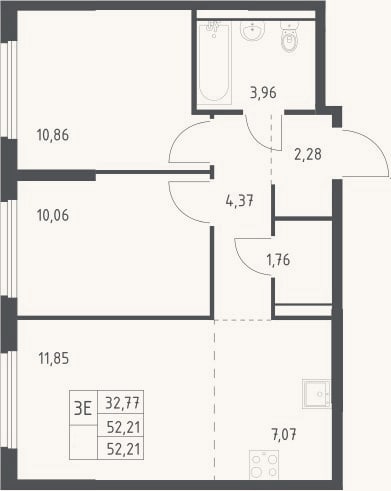 Планировка: 3-к, 52,2 м²
