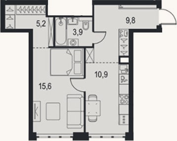 Планировка: 1-к, 45,4 м²