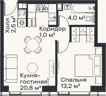 Планировка: 2-к, 41,5 м²