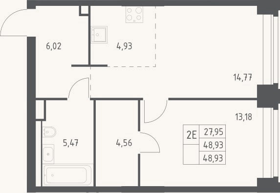 Планировка: 2-к, 48,9 м²