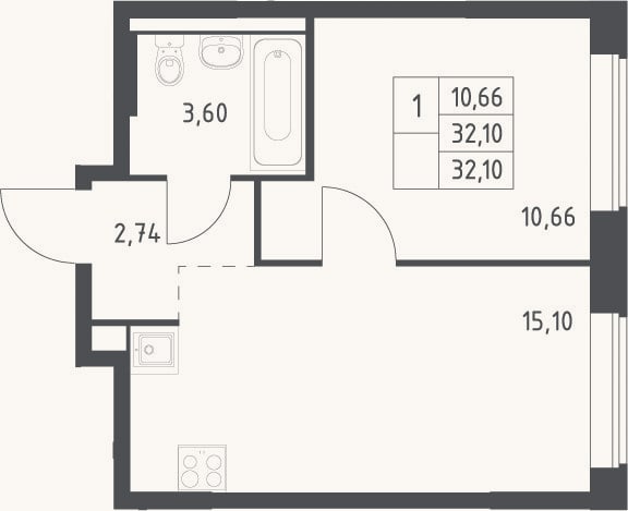 Планировка: 2-к, 32,1 м²