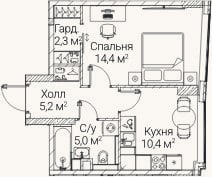 Планировка: 1-к, 37,3 м²