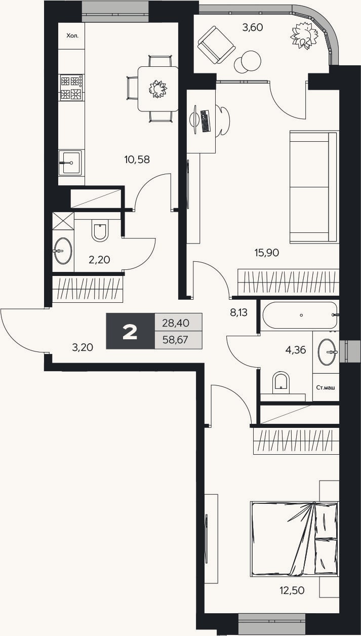 Планировка: 2-к, 56,9 м²