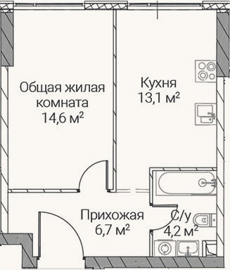 Планировка: 1-к, 38,6 м²