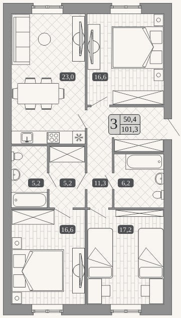 Планировка: 4+ к, 101,3 м²