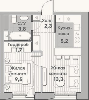 Планировка: 2-к, 35,8 м²
